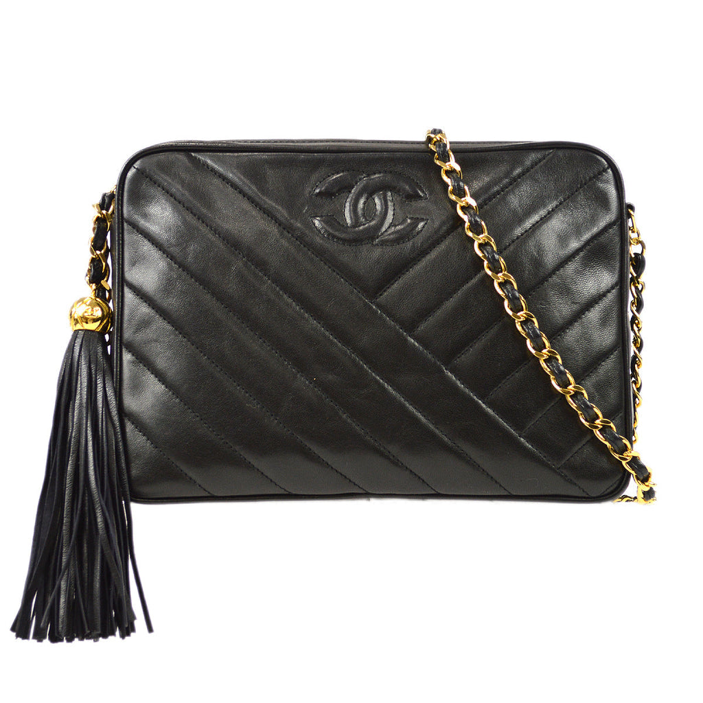 Chanel 1991-1994 Vertical Stitch Camera Bag Small Black Lambskin
