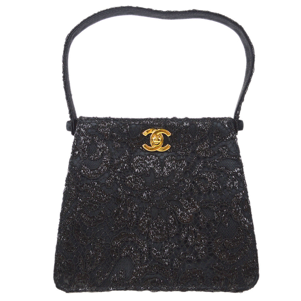 Chanel * 1997-1999 Both Sided Turnlock Lace Handbag Black Satin
