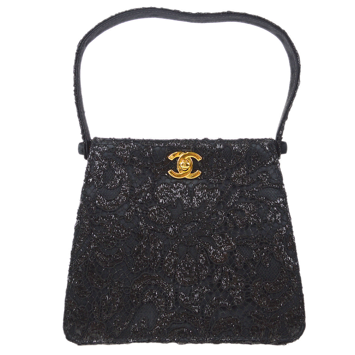 Chanel * 1997-1999 Both Sided Turnlock Lace Handbag Black Satin