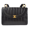 Chanel 1991-1994 Vertical Stitch Round Flap Shoulder Bag Small Black Lambskin