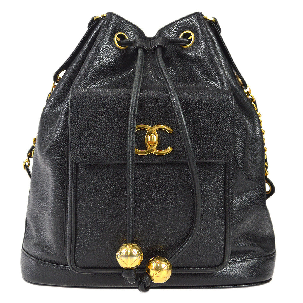 Chanel Bucket Drawstring Chain Shoulder Bag Black Caviar