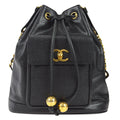 Chanel Bucket Drawstring Chain Shoulder Bag Black Caviar
