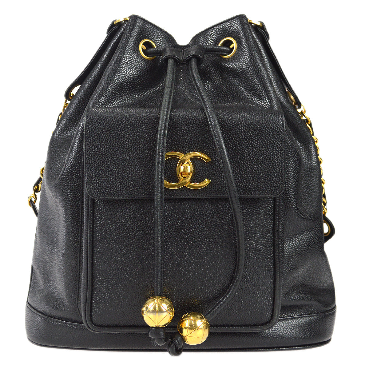 Chanel Bucket Drawstring Chain Shoulder Bag Black Caviar