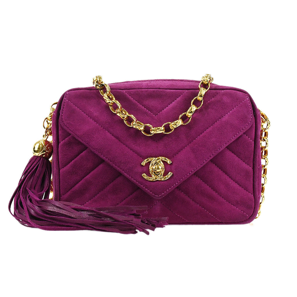 Chanel 1991-1994 Chevron Stitch Pocket Camera Bag Mini Lambskin Suede