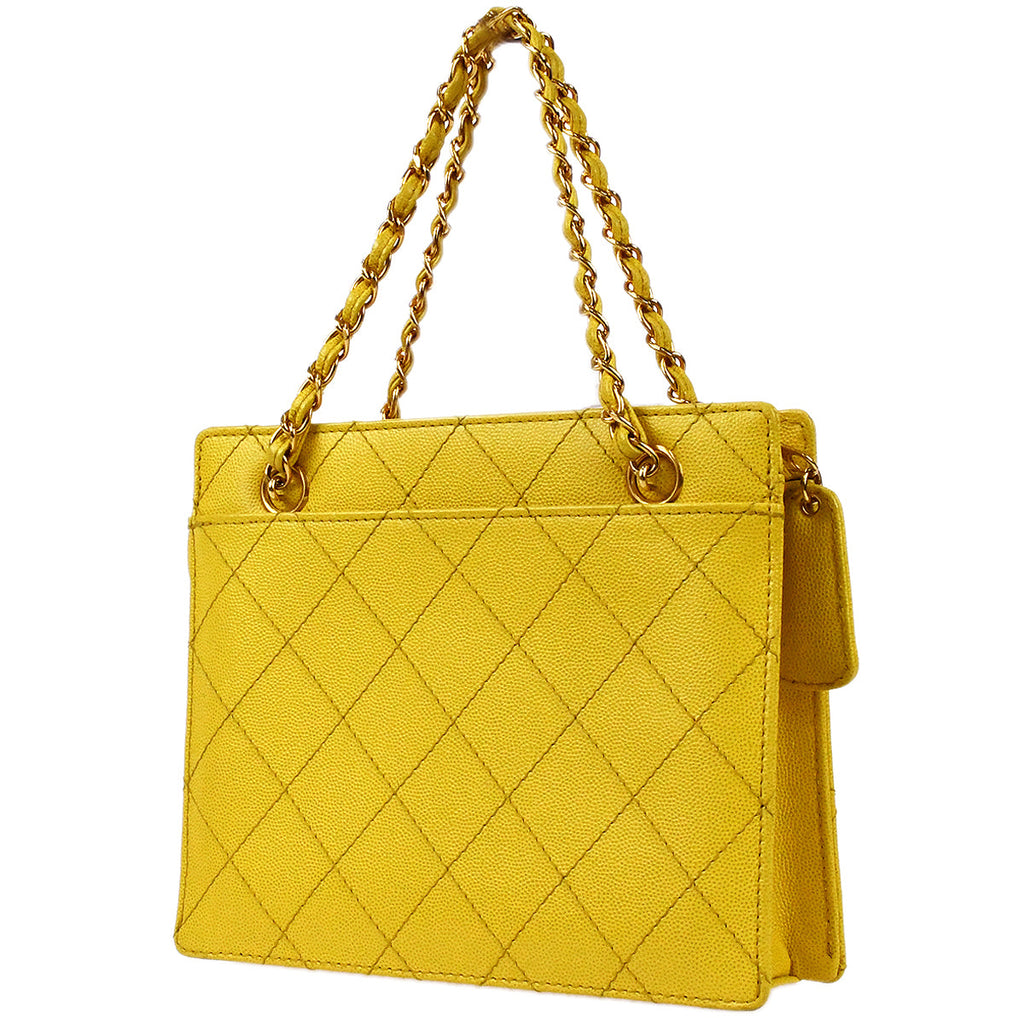 Chanel Chain Tote Handbag Yellow Caviar