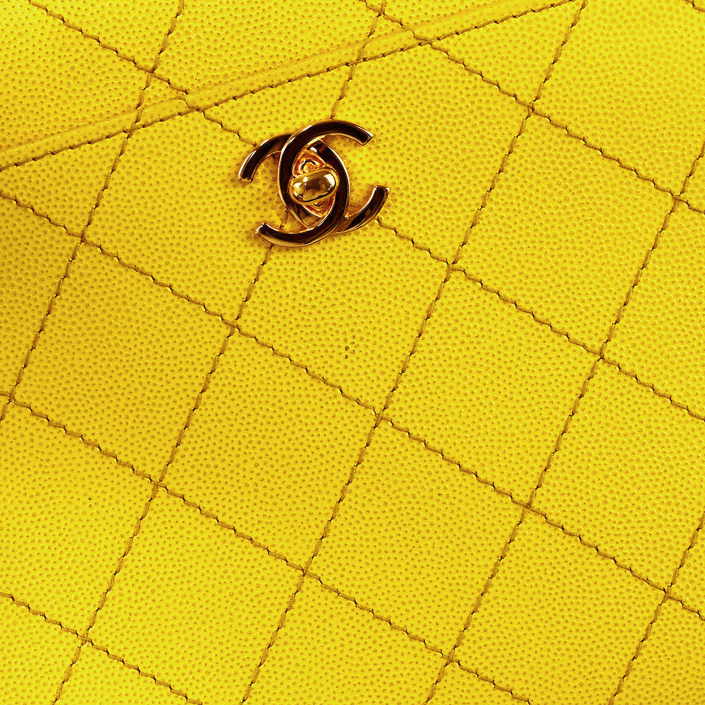 Chanel Chain Tote Handbag Yellow Caviar