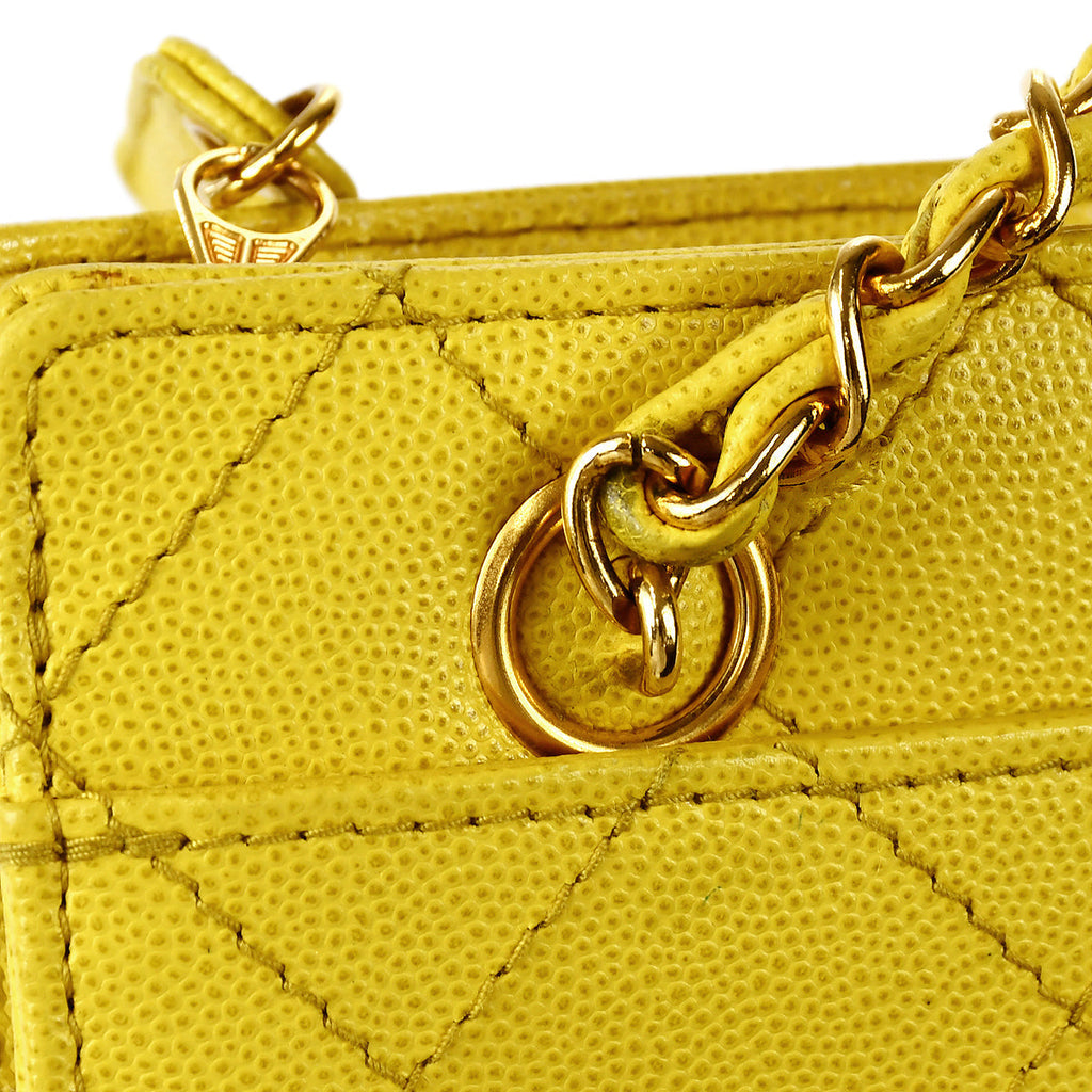Chanel Chain Tote Handbag Yellow Caviar