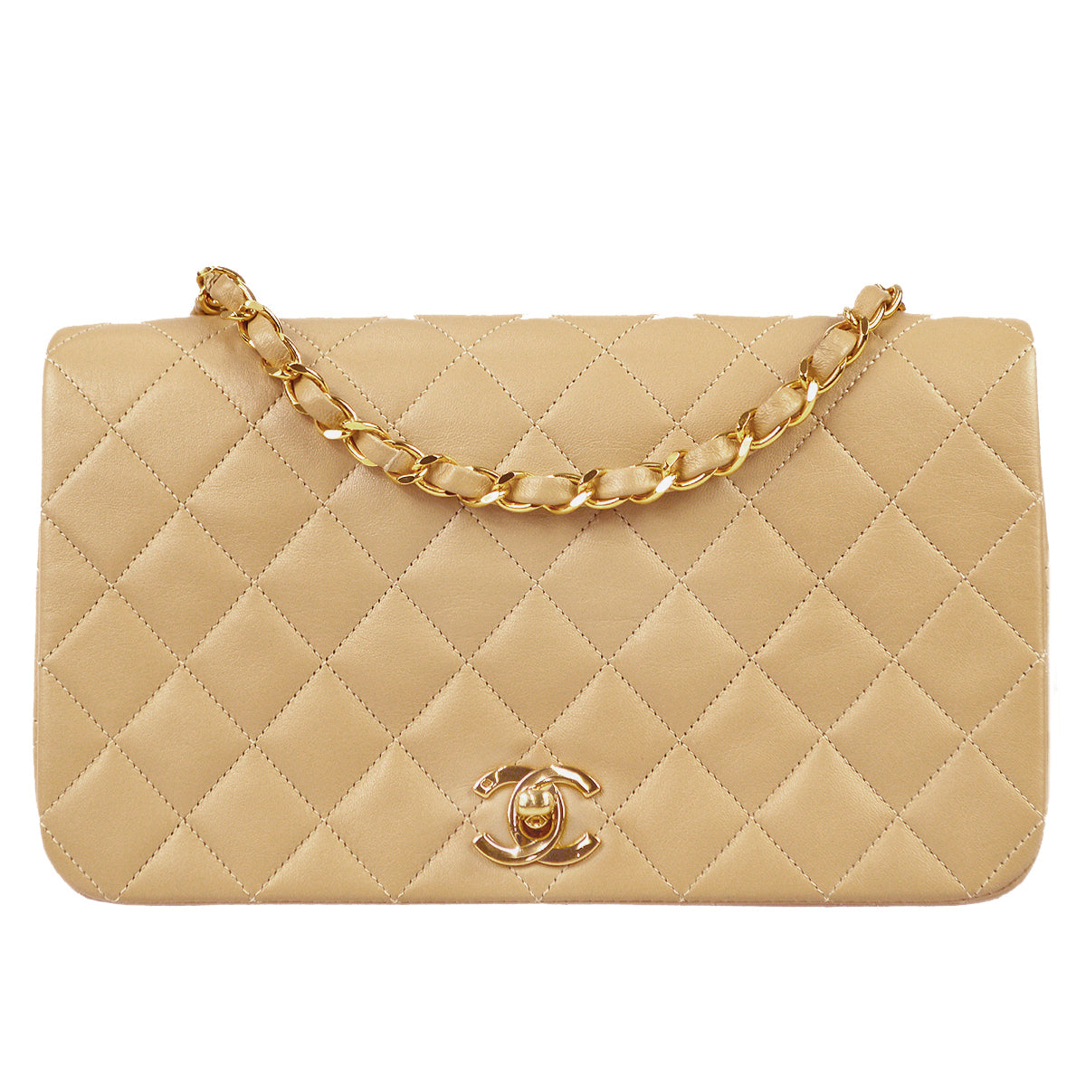 Chanel Full Flap Chain Shoulder Bag Beige Lambskin