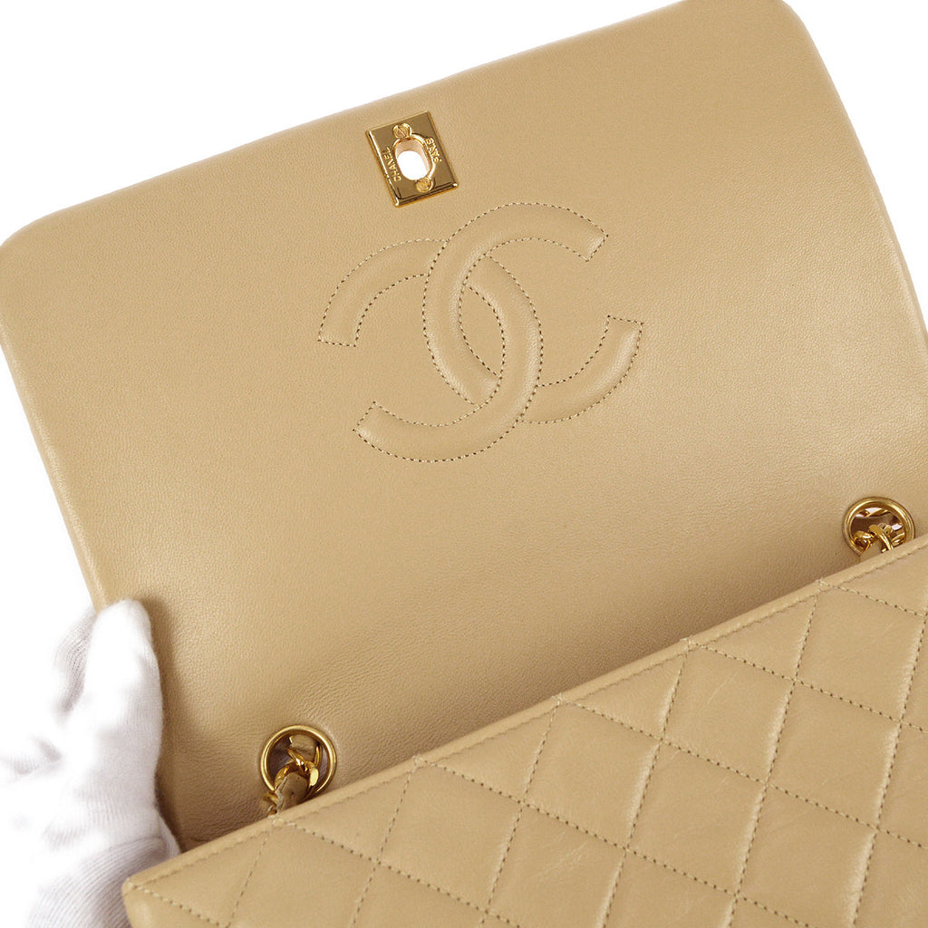 Chanel Full Flap Chain Shoulder Bag Beige Lambskin