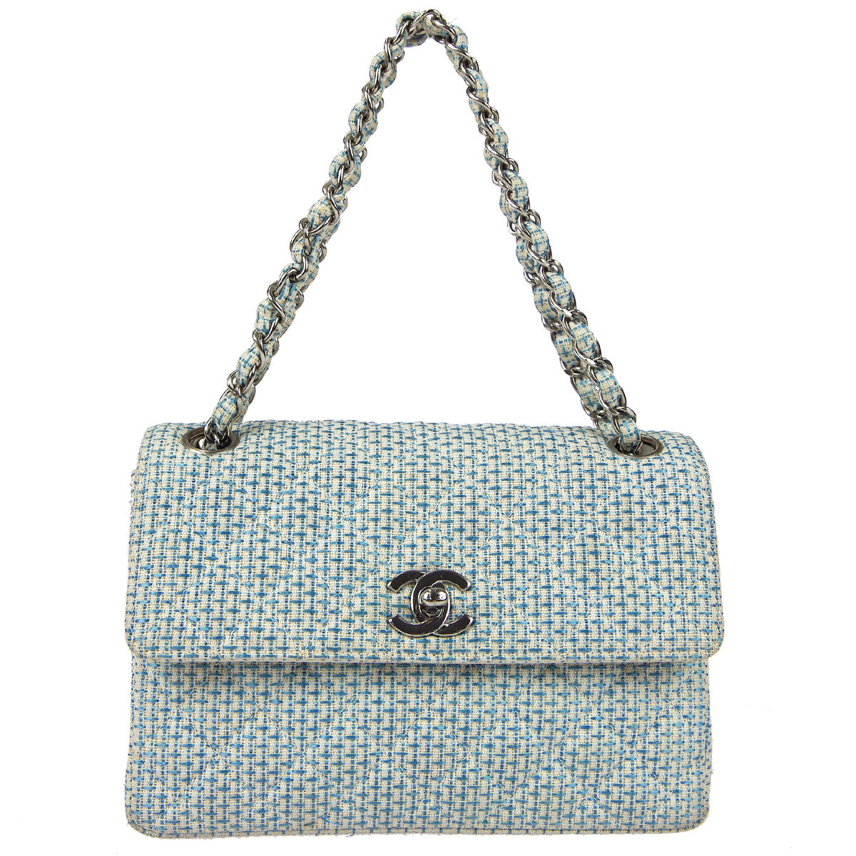 Chanel Straight Flap Double Chain Shoulder Bag Blue White