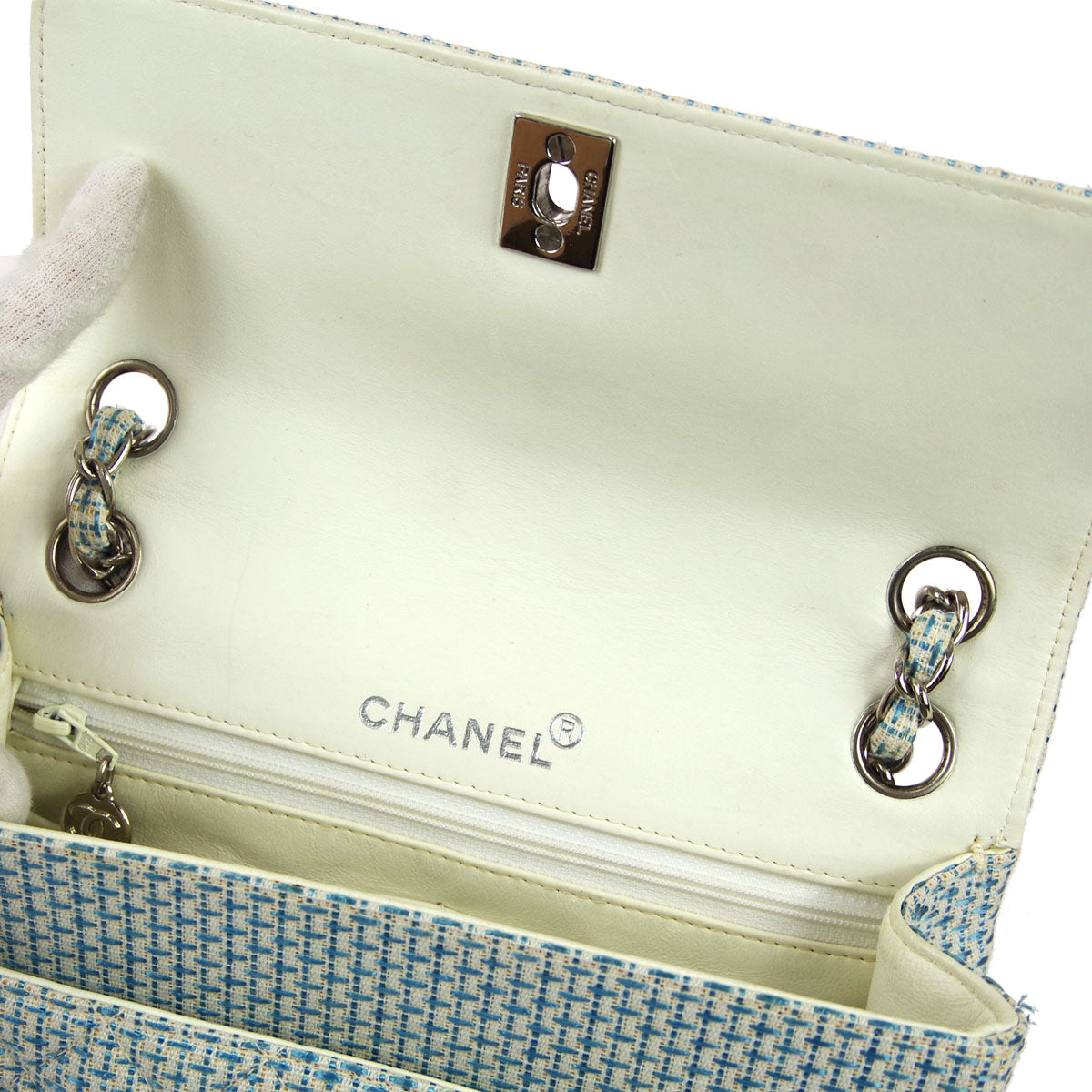 Chanel Straight Flap Double Chain Shoulder Bag Blue White