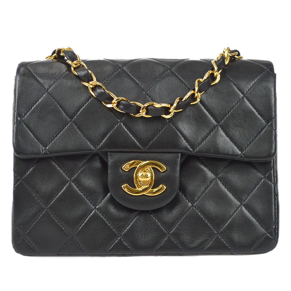 Chanel 1997-1999 Classic Flap Mini Square Chain Shoulder Bag Black Lambskin
