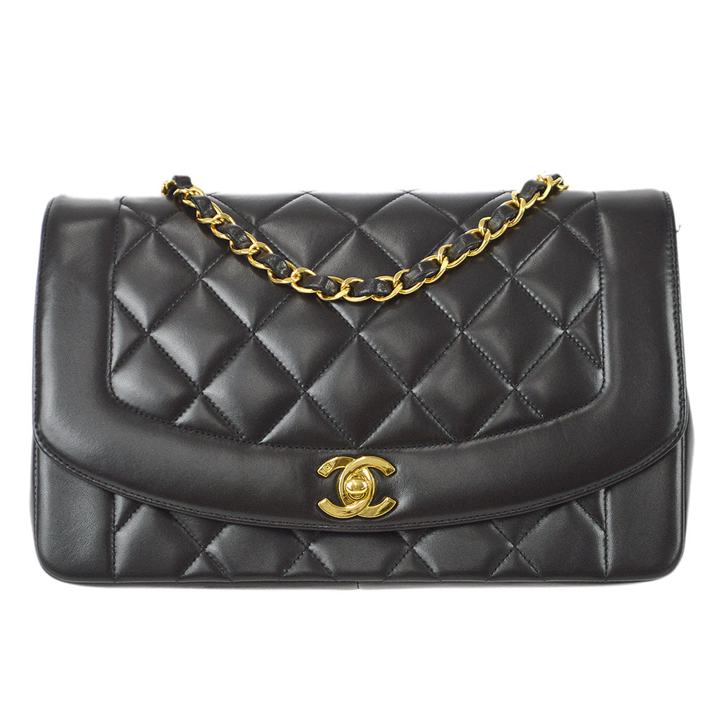Chanel 1991-1994 Black Lambskin Medium Diana Flap Bag