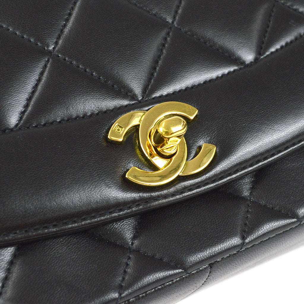 Chanel 1991-1994 Black Lambskin Medium Diana Flap Bag