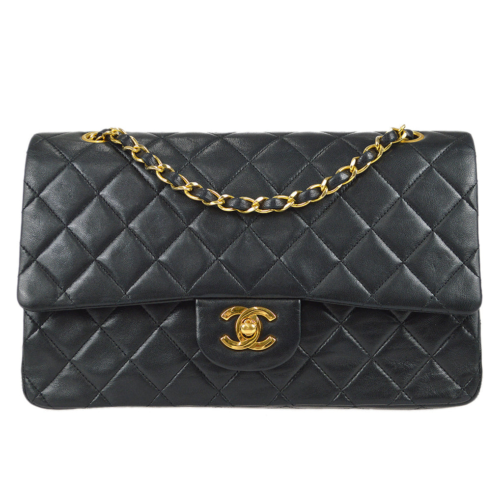 Chanel 1989-1991 Classic Double Flap Medium Shoulder Bag Black Lambskin