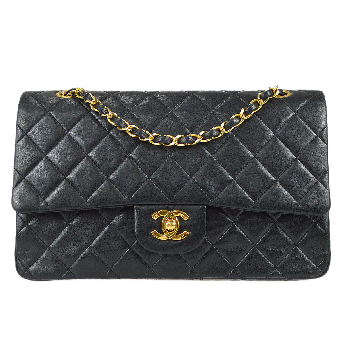 Chanel 1989-1991 Classic Double Flap Medium Shoulder Bag Black Lambskin