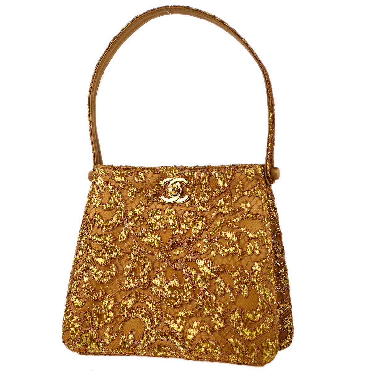 Chanel * Double Side Turnlock Handbag Gold Satin