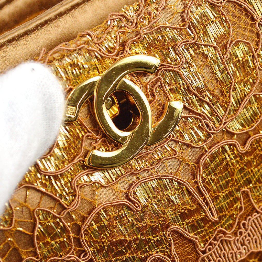Chanel * Double Side Turnlock Handbag Gold Satin