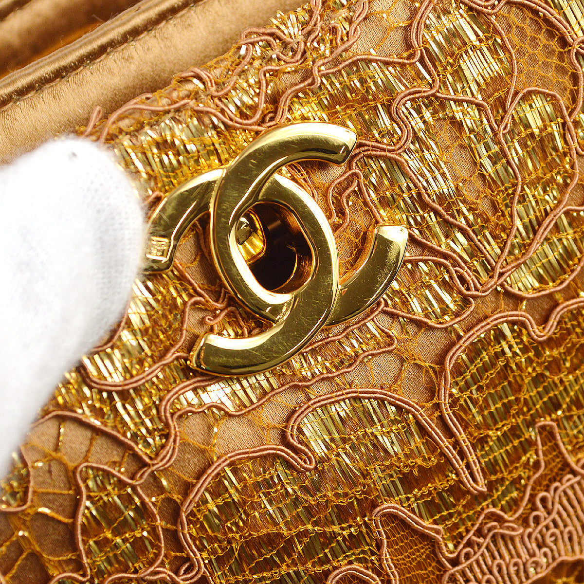 Chanel * Double Side Turnlock Handbag Gold Satin
