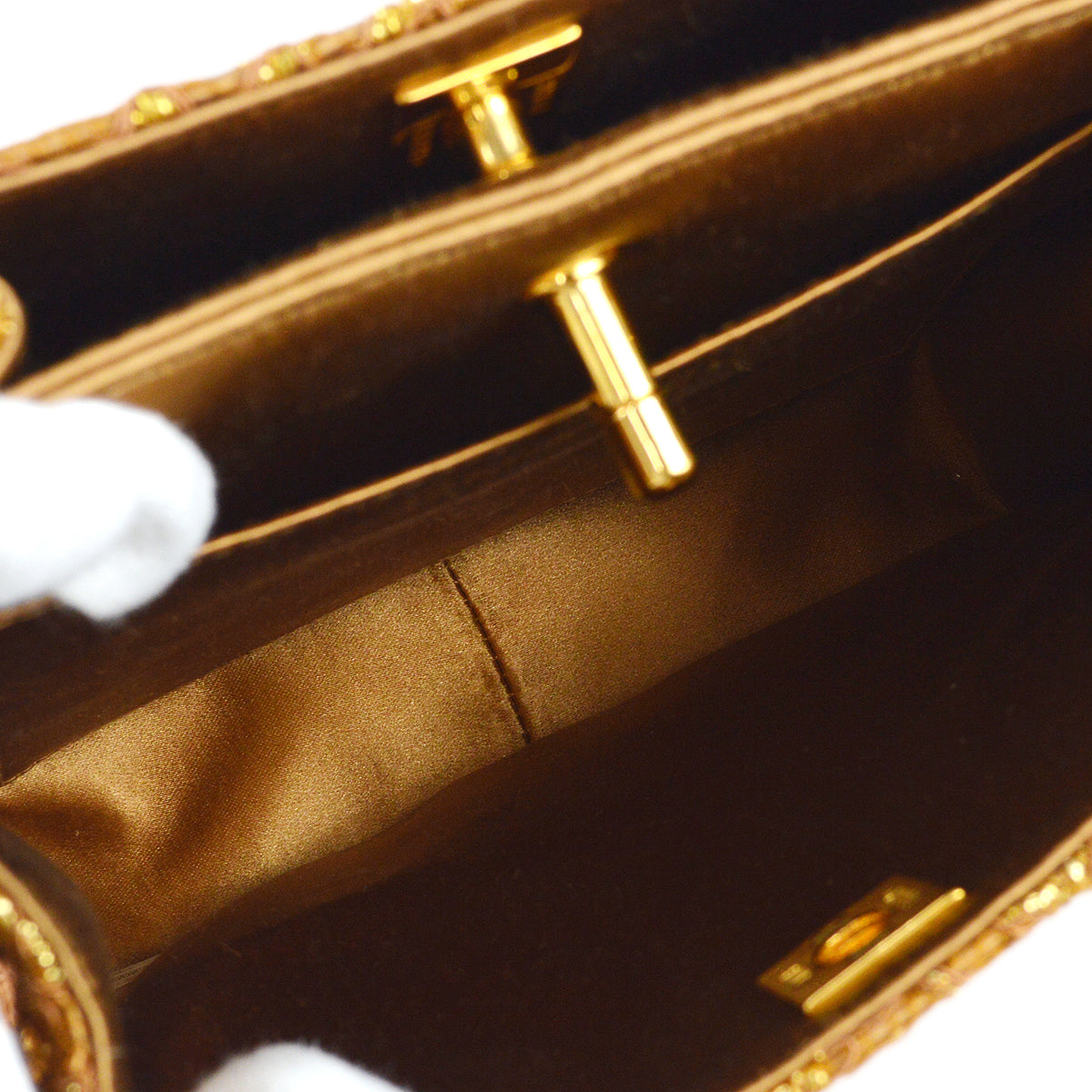 Chanel * Double Side Turnlock Handbag Gold Satin