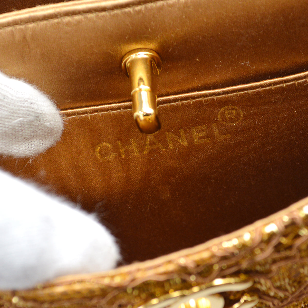 Chanel * Double Side Turnlock Handbag Gold Satin