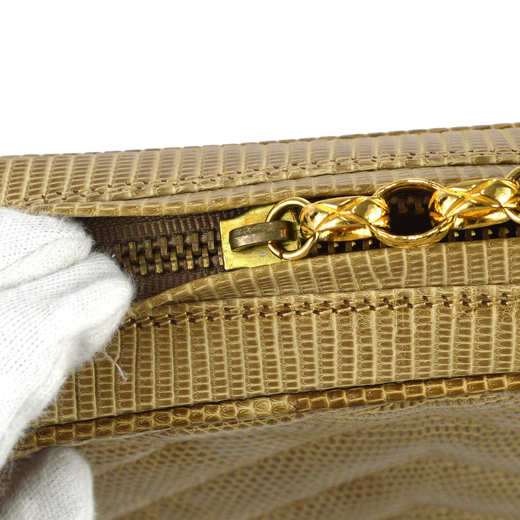 Chanel * 1991-1994 Chevron Pocket Camera Bag Small Beige Lizard
