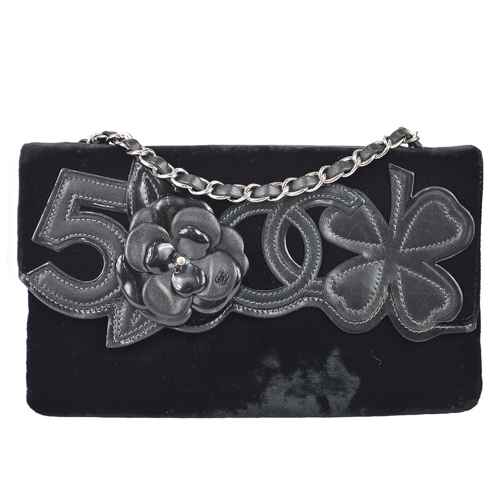 Chanel Camelia Chain Shoulder Bag Black Velvet