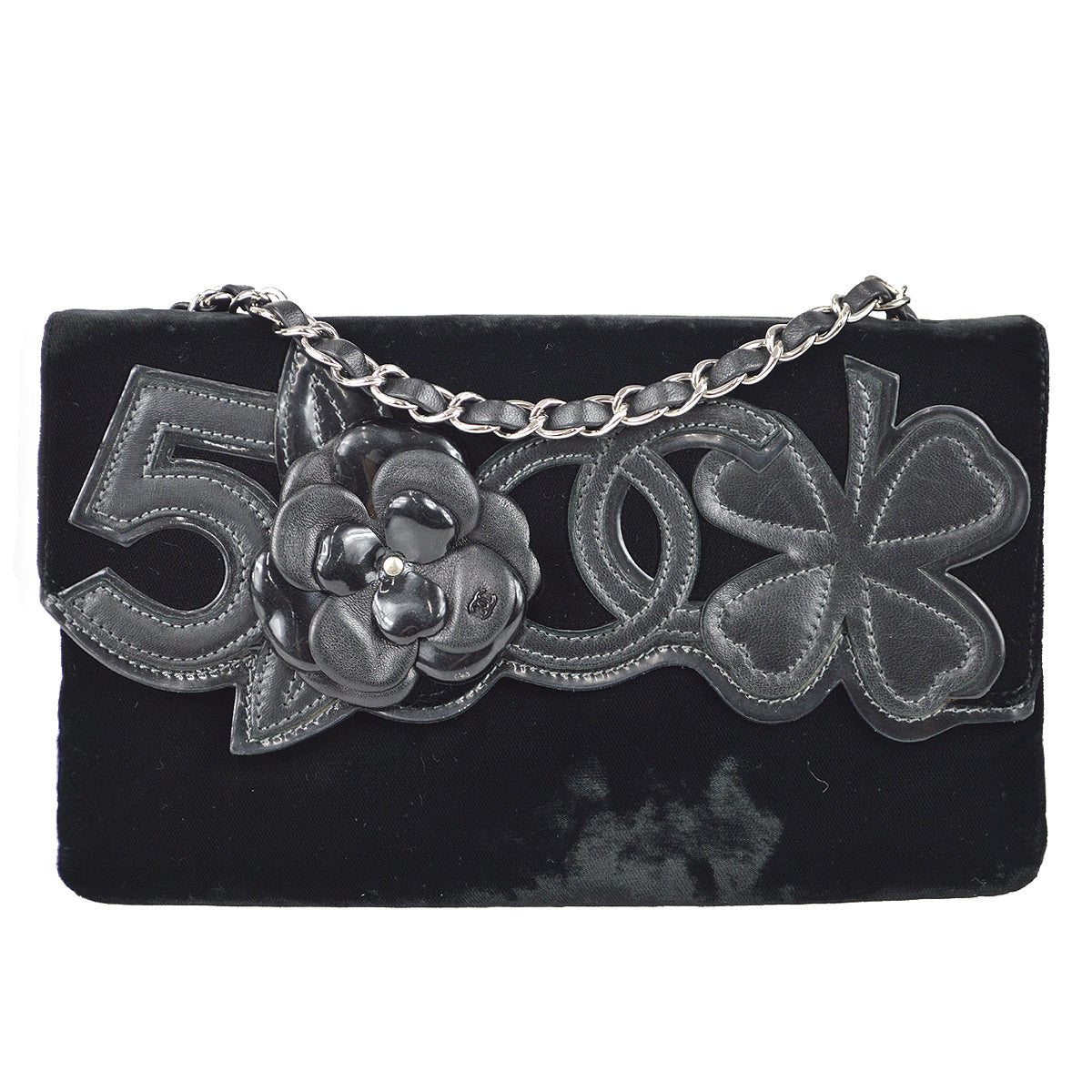 Chanel Camelia Chain Shoulder Bag Black Velvet