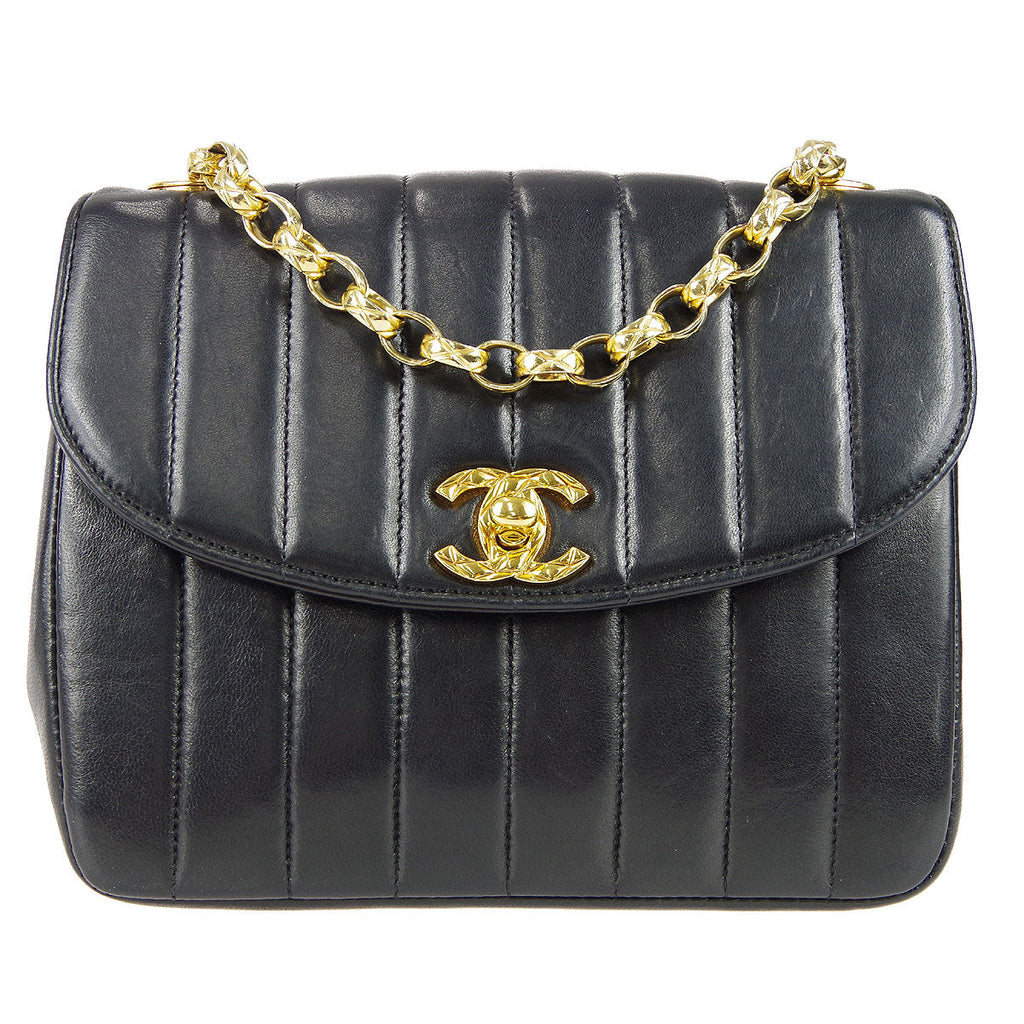 Chanel 1991-1994 Black Lambskin Mini Vertical Stitch Round Flap Bag