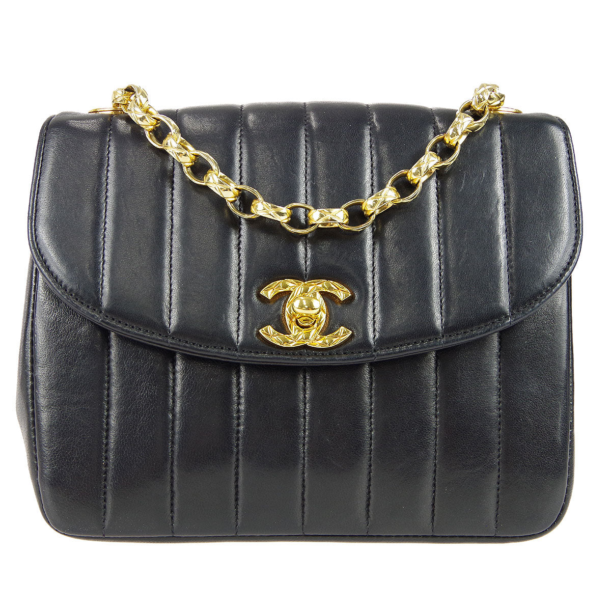 Chanel 1991-1994 Black Lambskin Mini Vertical Stitch Round Flap Bag