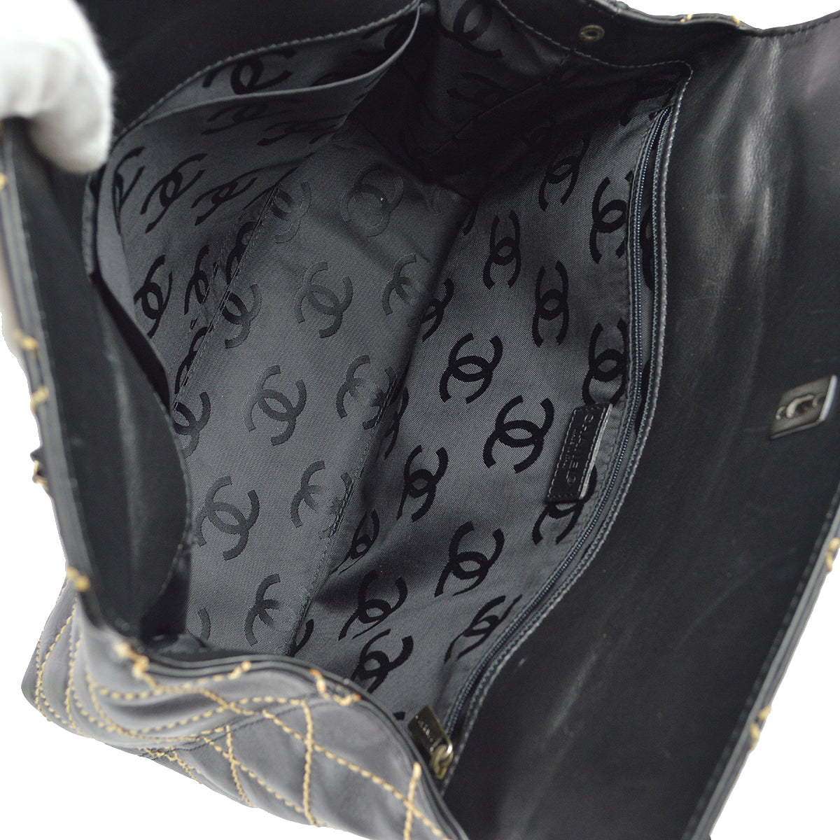 Chanel Wild Stitch Chain Handbag Black Calfskin