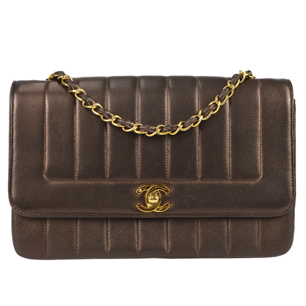 Chanel 1991-1994 Brown Lambskin Medium Vertical Stitch Border Flap Bag