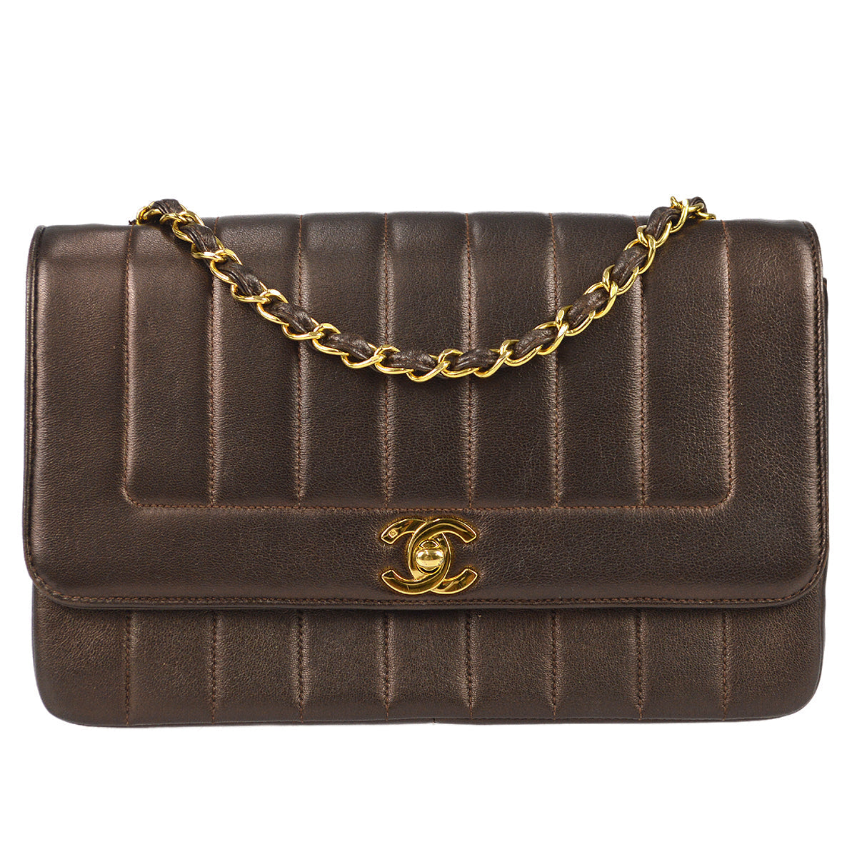 Chanel 1991-1994 Brown Lambskin Medium Vertical Stitch Border Flap Bag