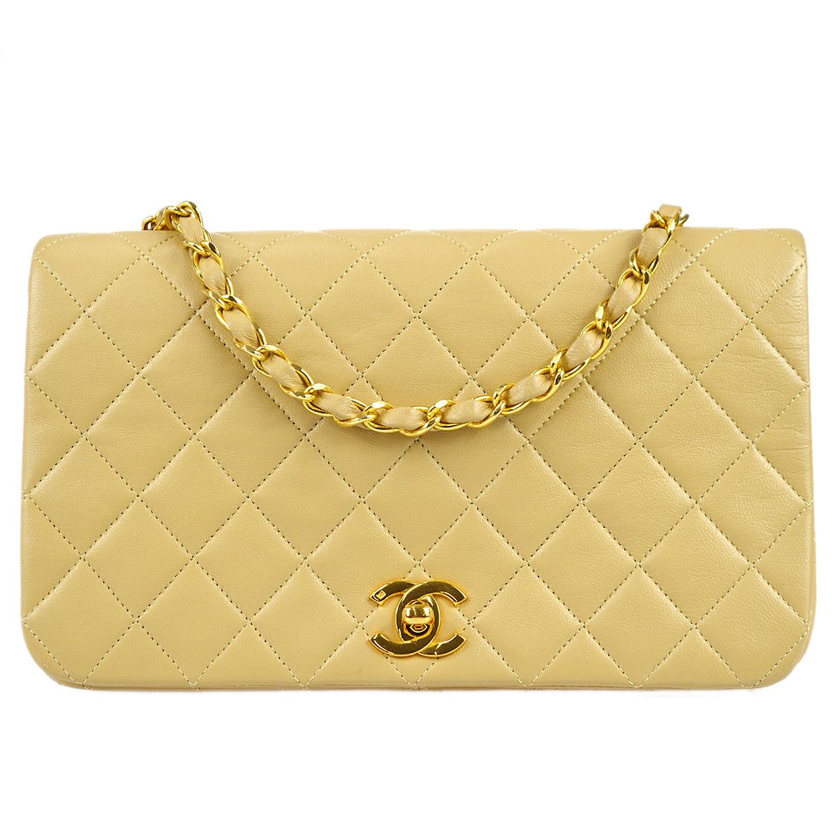 Chanel 1989-1991 Full Flap Chain Shoulder Bag Beige Lambskin