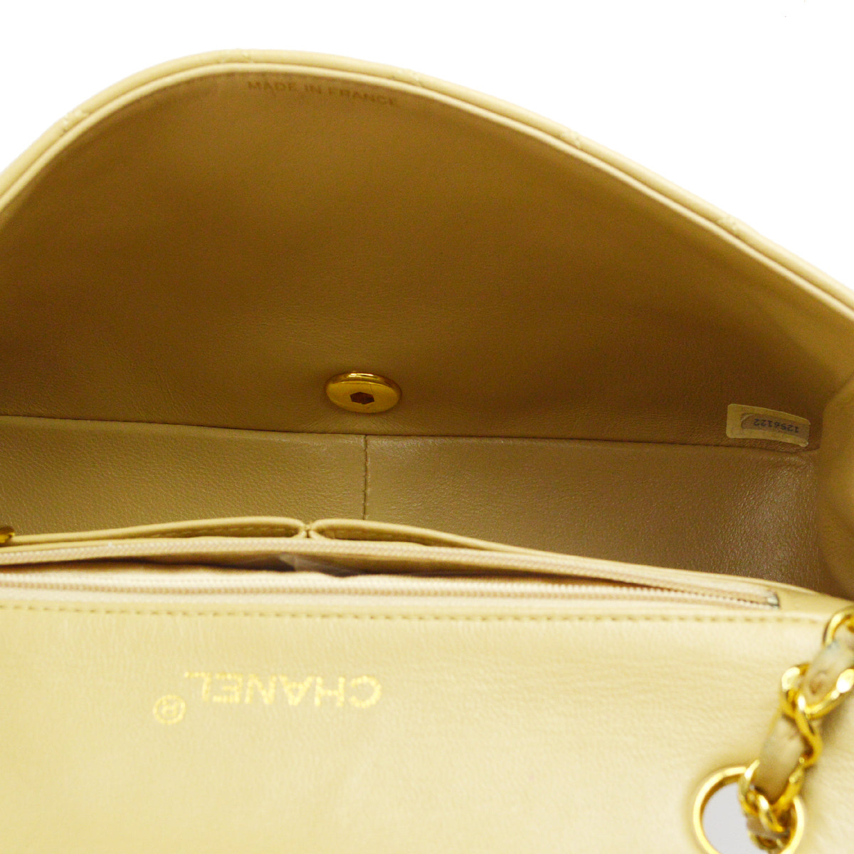Chanel 1989-1991 Full Flap Chain Shoulder Bag Beige Lambskin
