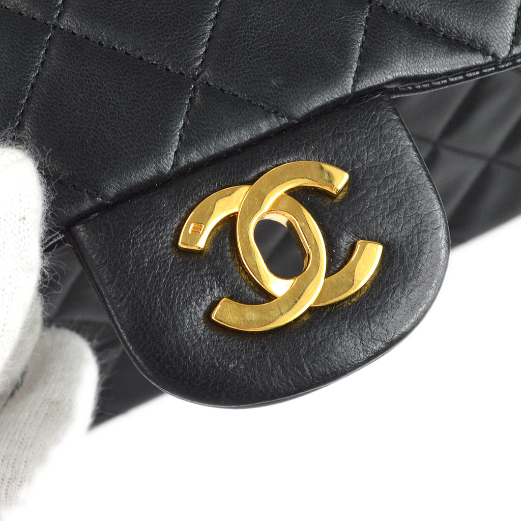 Chanel 1989-1991 Classic Double Flap Small Shoulder Bag Black Lambskin