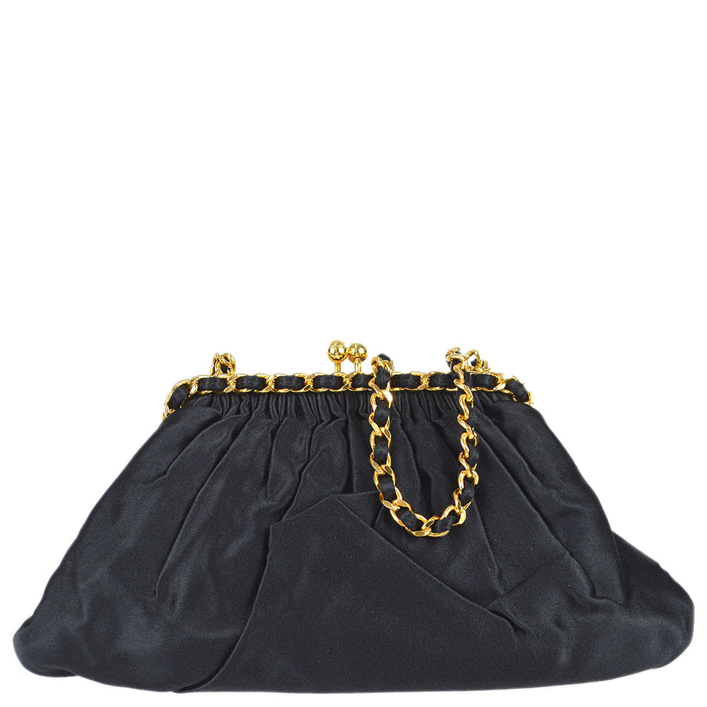 Chanel Kiss Lock Chain Shoulder Bag Black Satin