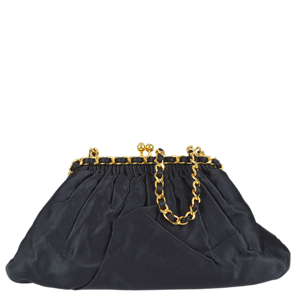 Chanel Kiss Lock Chain Shoulder Bag Black Satin