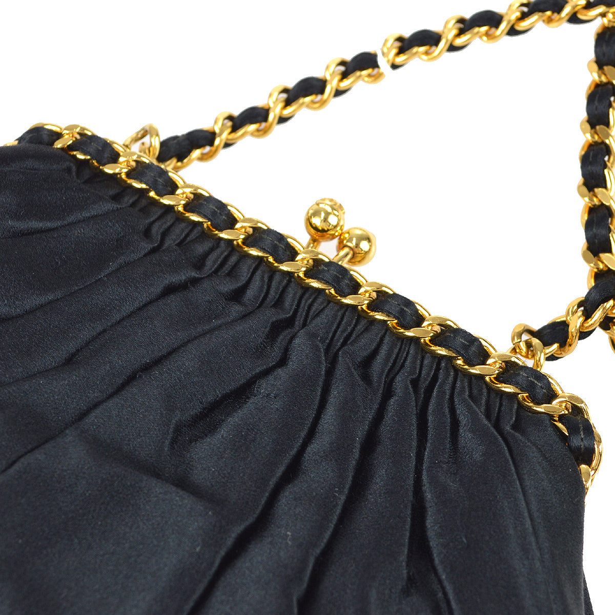 Chanel Kiss Lock Chain Shoulder Bag Black Satin