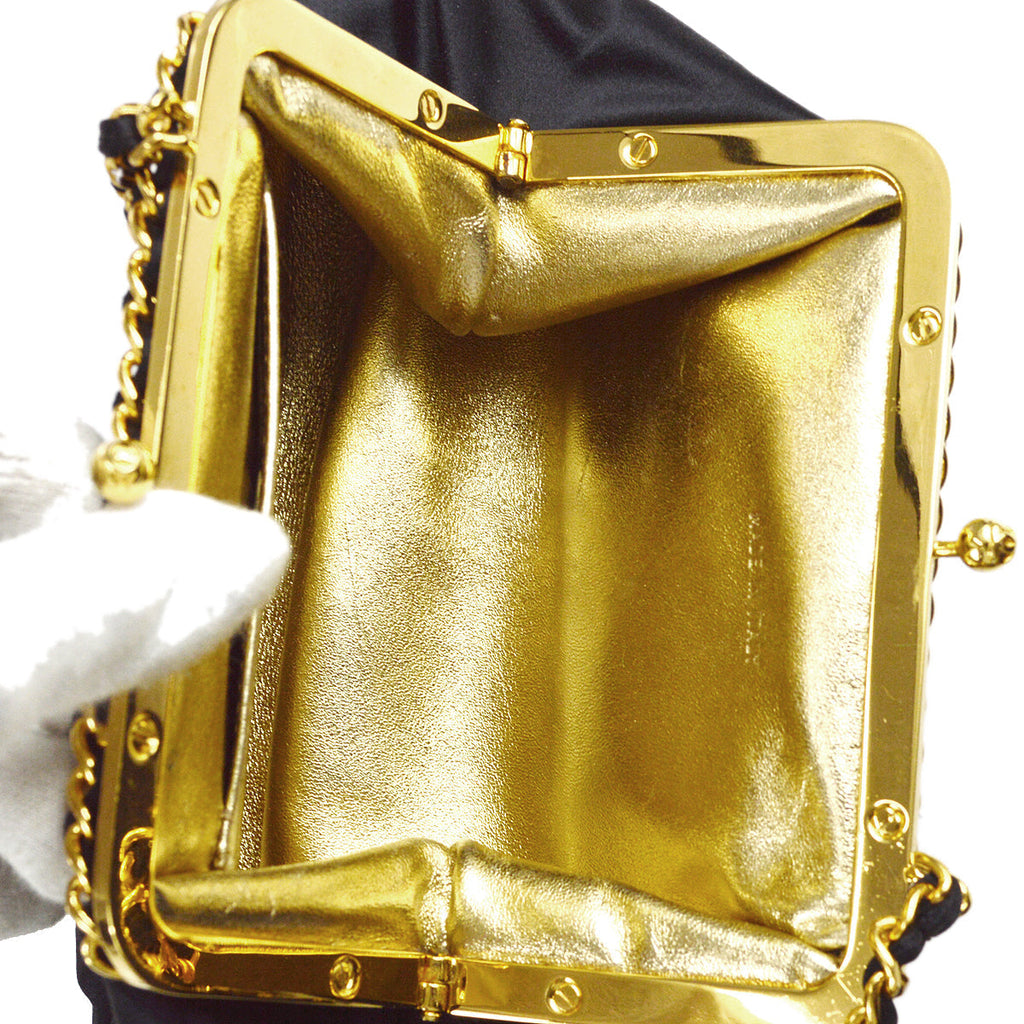 Chanel Kiss Lock Chain Shoulder Bag Black Satin