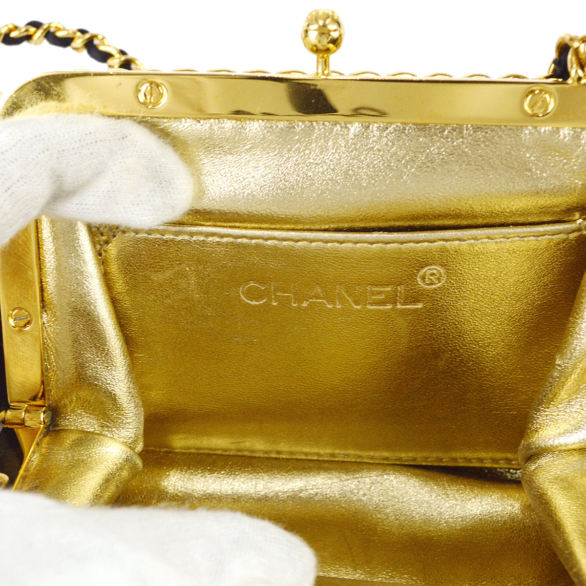 Chanel Kiss Lock Chain Shoulder Bag Black Satin