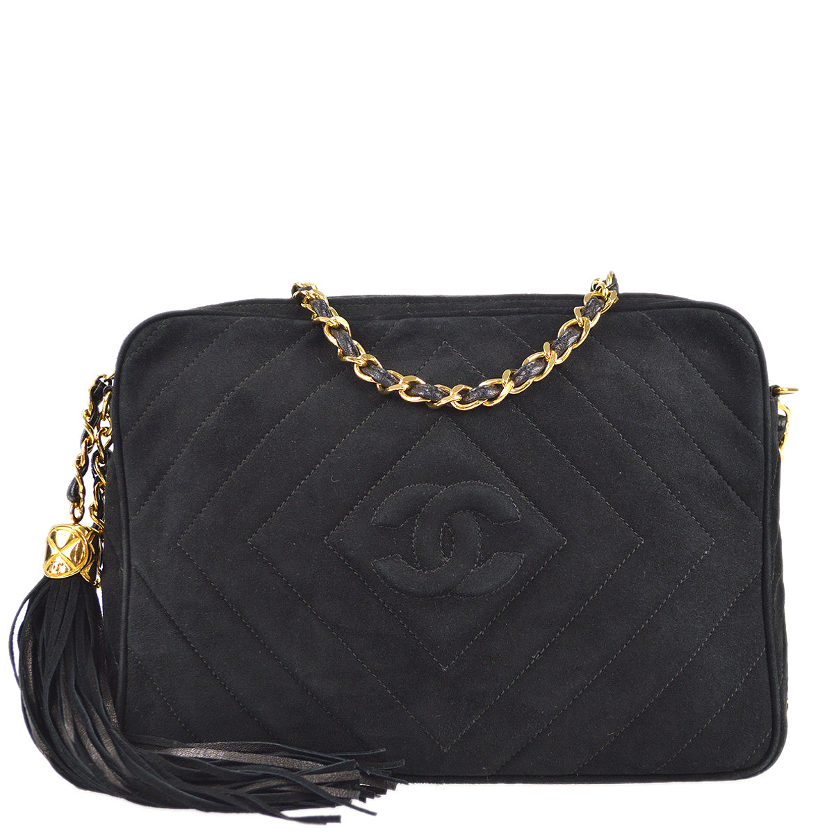 Chanel Chain Shoulder Bag Fringe Black Suede
