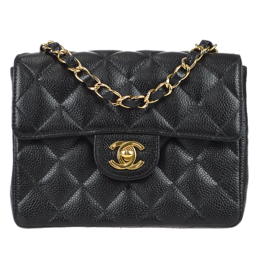 Chanel 2003-2004 Classic Flap Mini Square Chain Shoulder Bag Black Caviar