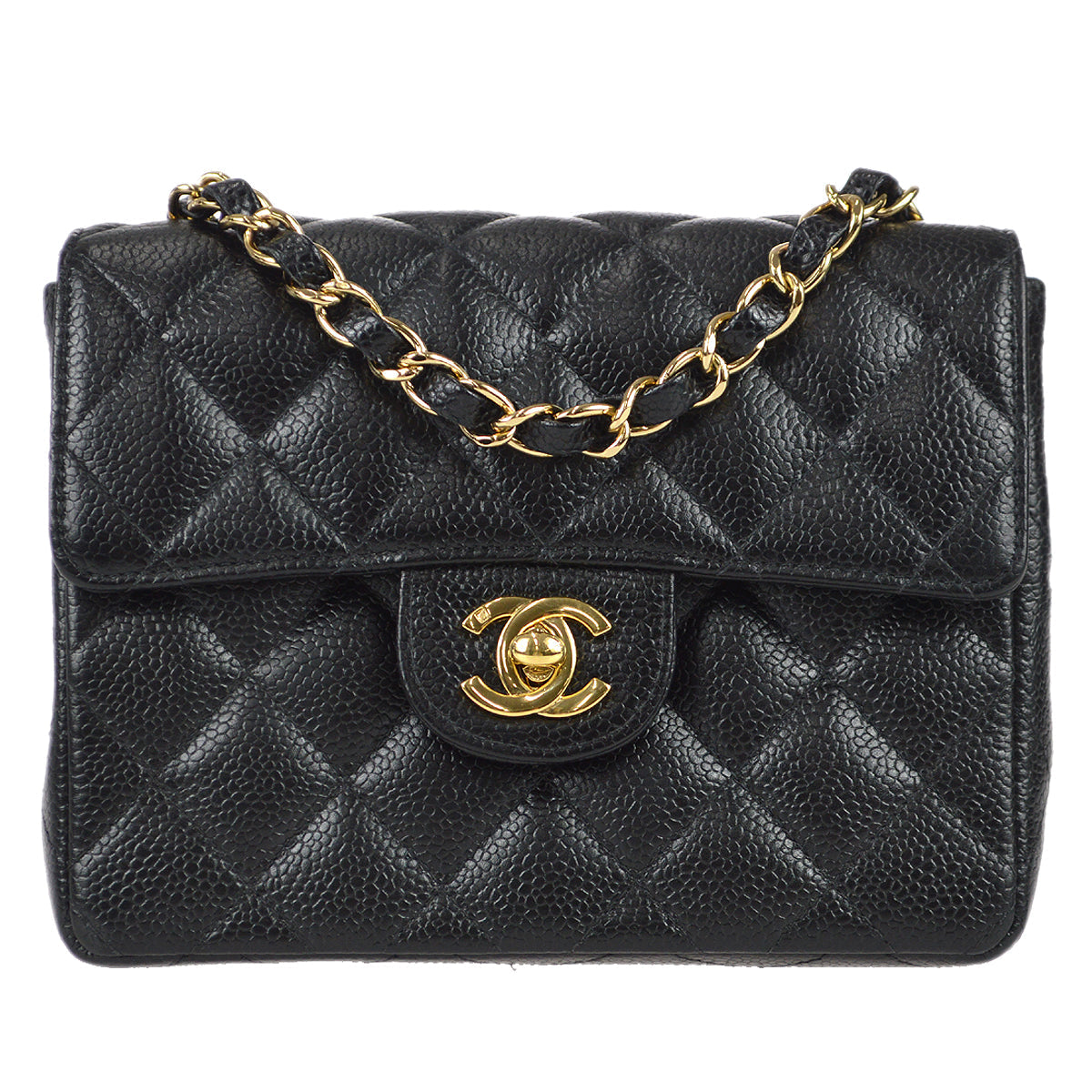 Chanel 2003-2004 Classic Flap Mini Square Chain Shoulder Bag Black Caviar