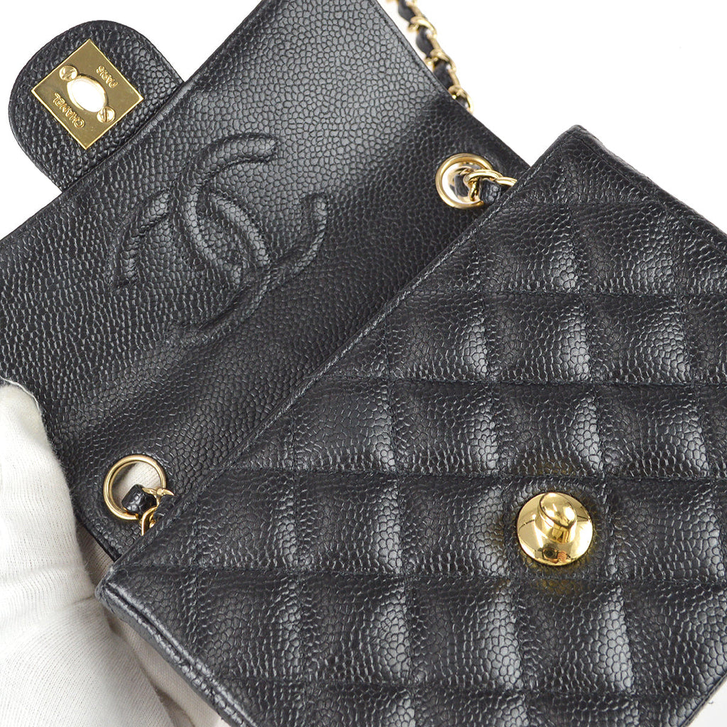 Chanel 2003-2004 Classic Flap Mini Square Chain Shoulder Bag Black Caviar