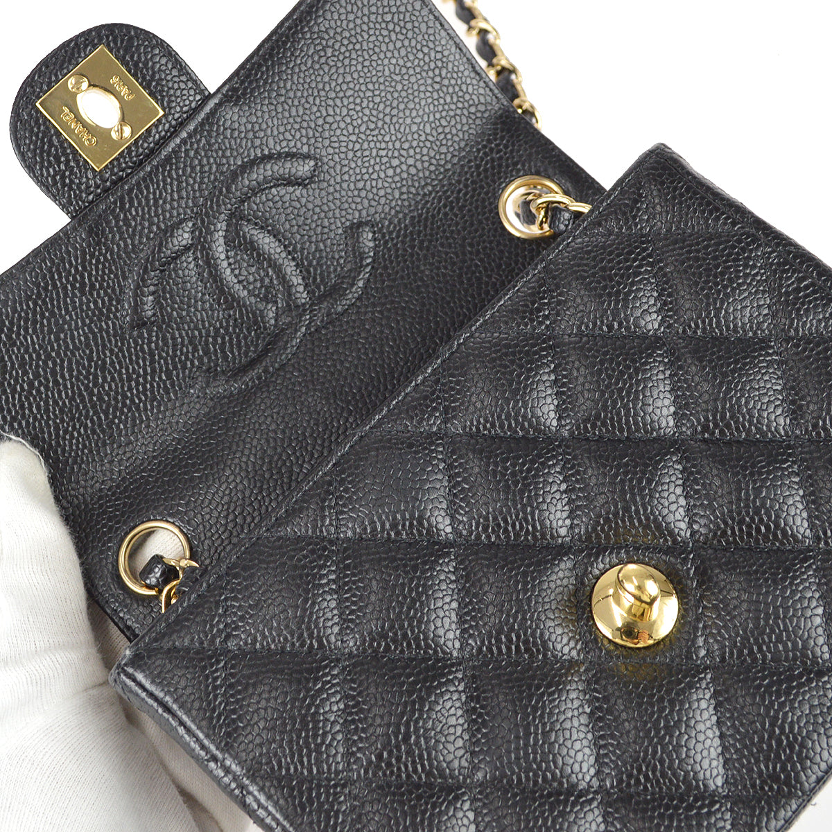 Chanel 2003-2004 Classic Flap Mini Square Chain Shoulder Bag Black Caviar