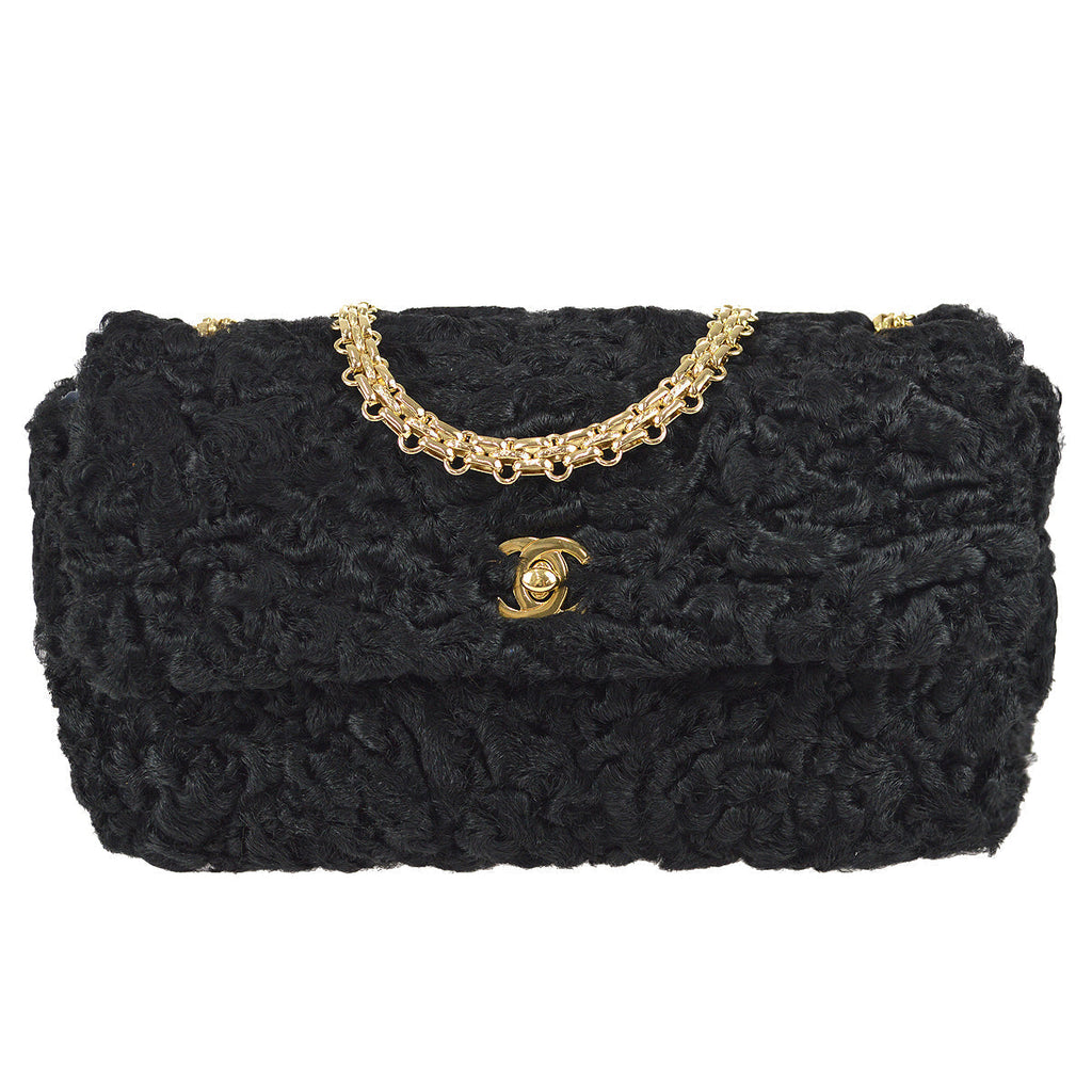 Chanel Straight Flap Chain Shoulder Bag Black Astrakhan Fur