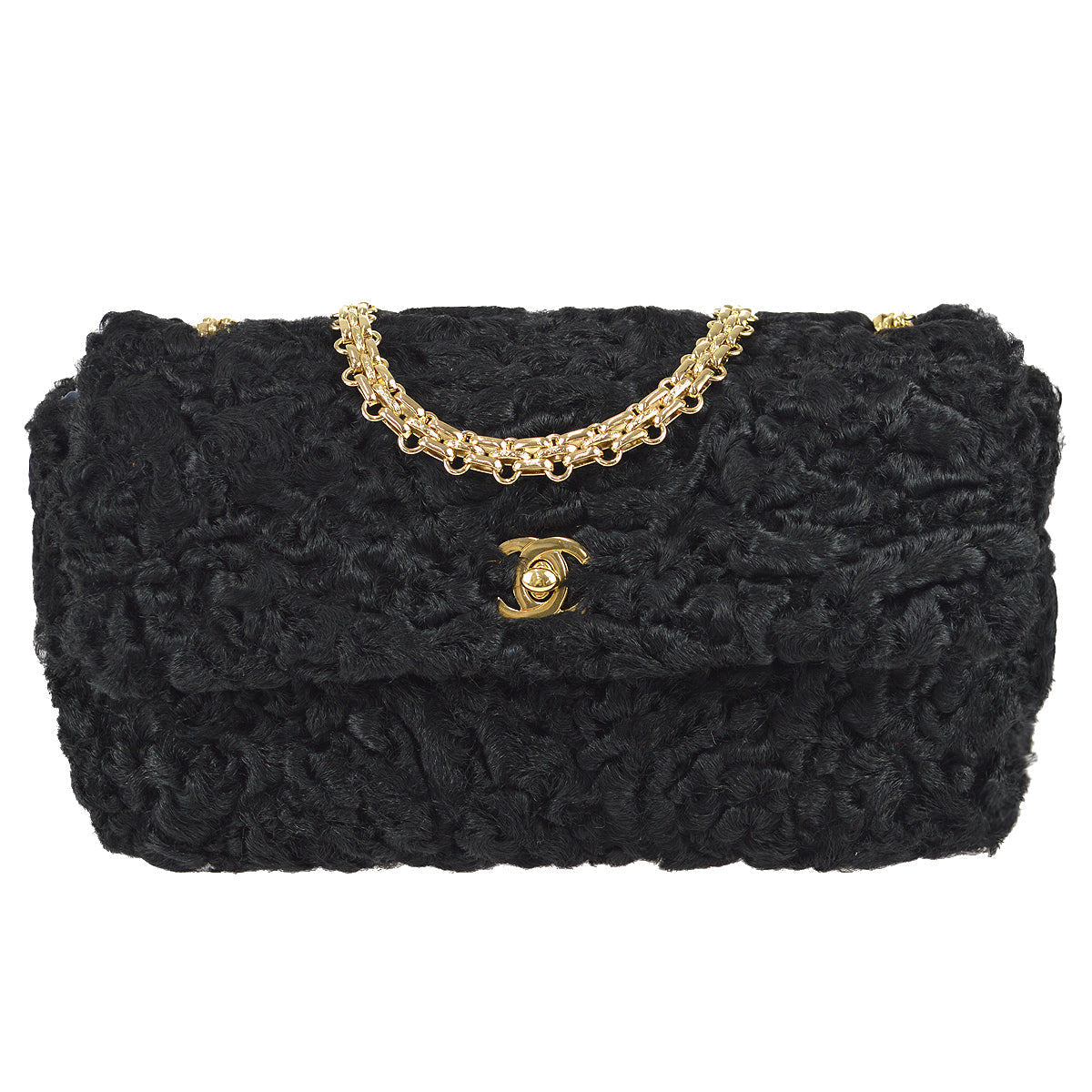 Chanel Straight Flap Chain Shoulder Bag Black Astrakhan Fur