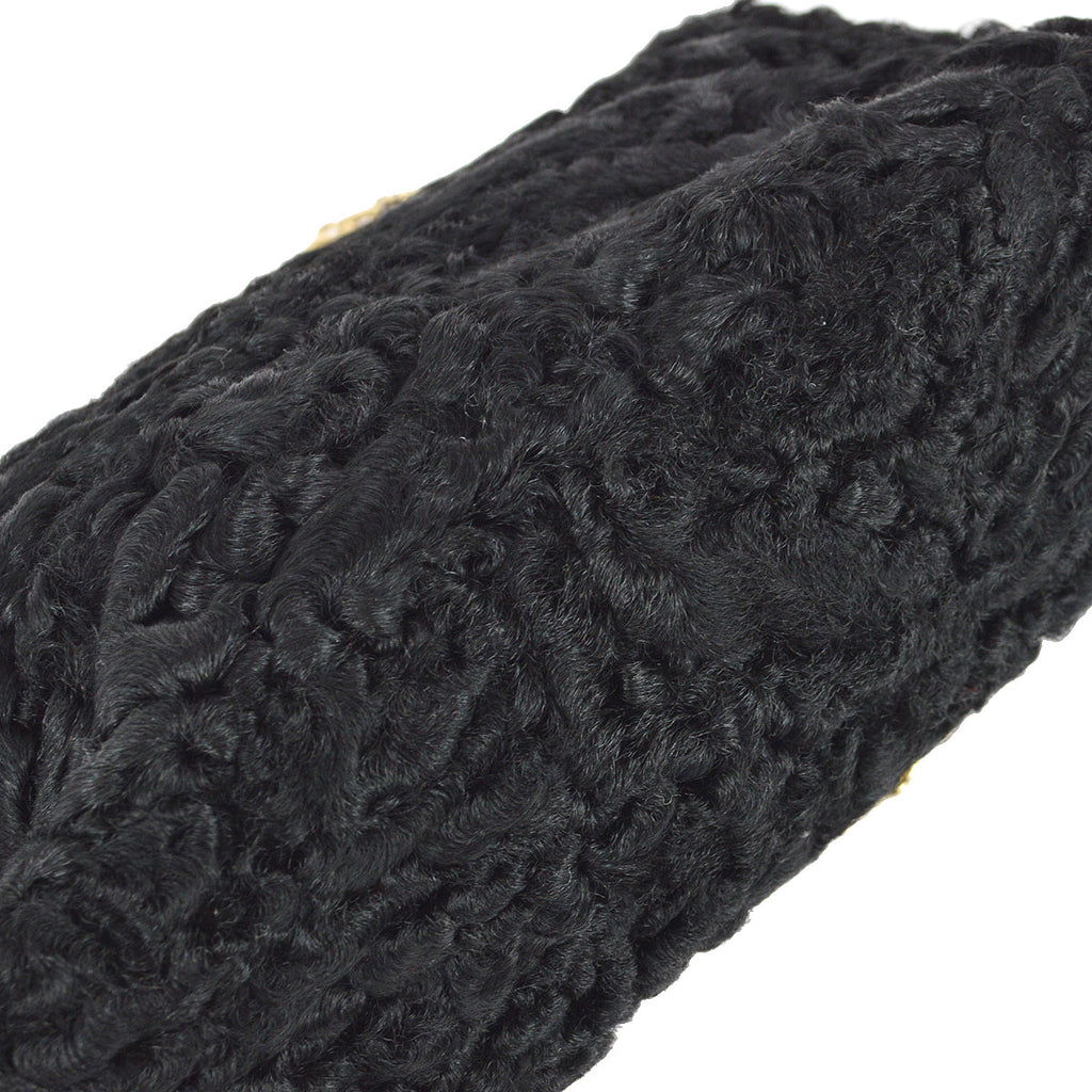 Chanel Straight Flap Chain Shoulder Bag Black Astrakhan Fur