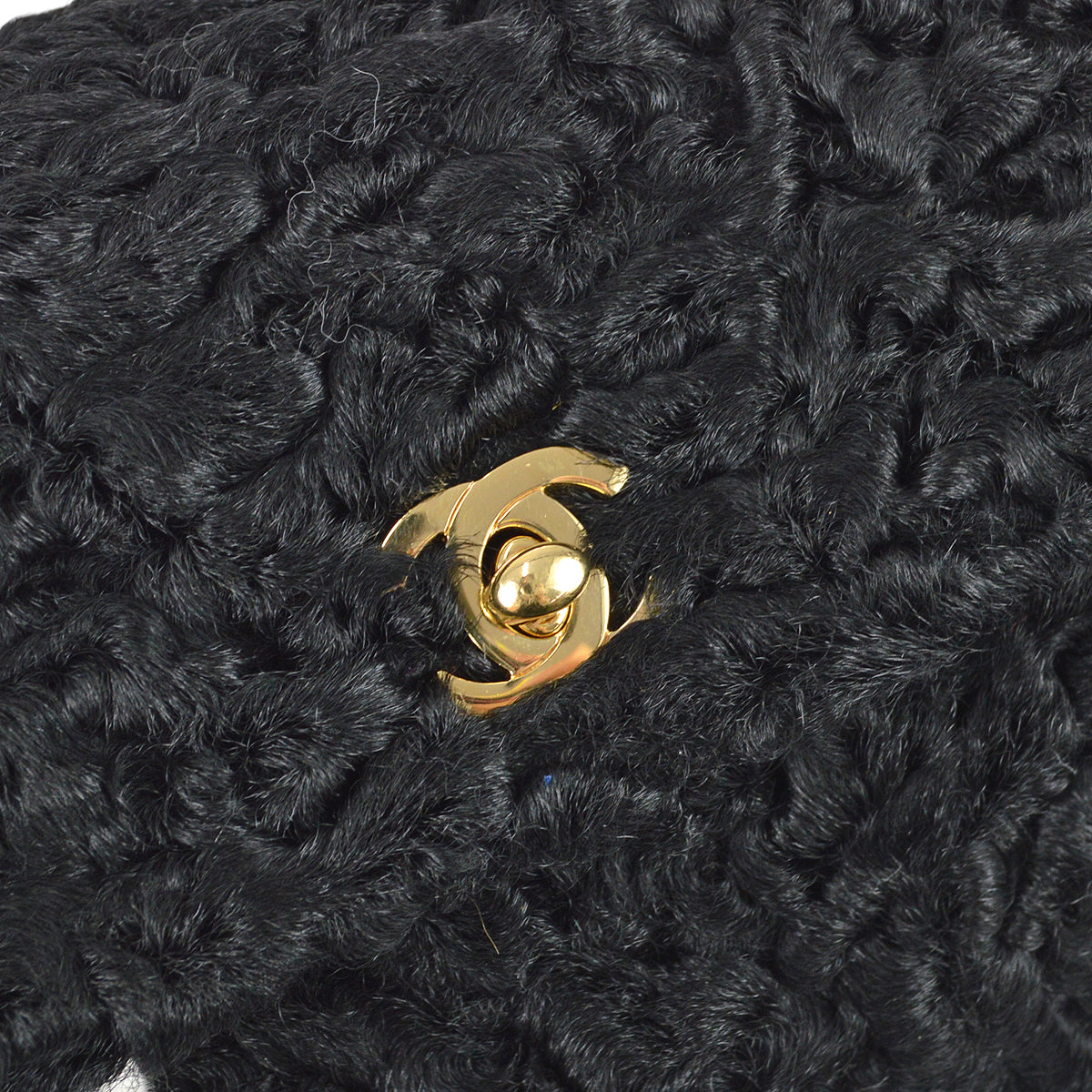 Chanel Straight Flap Chain Shoulder Bag Black Astrakhan Fur